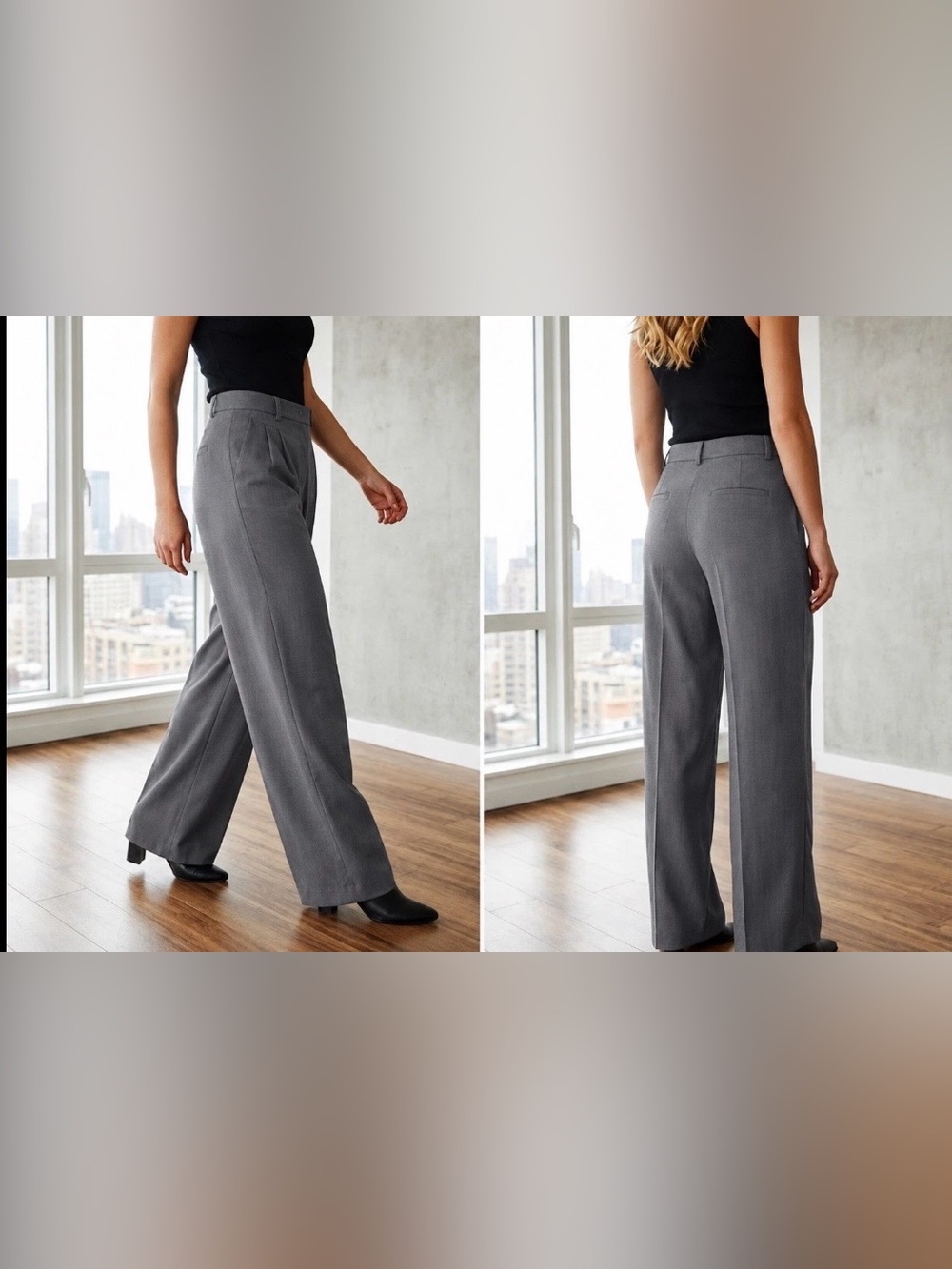 ZARA Dress Pants Womens 32x30 Large Grey High Waisted Welt Back Pockets Wide Leg